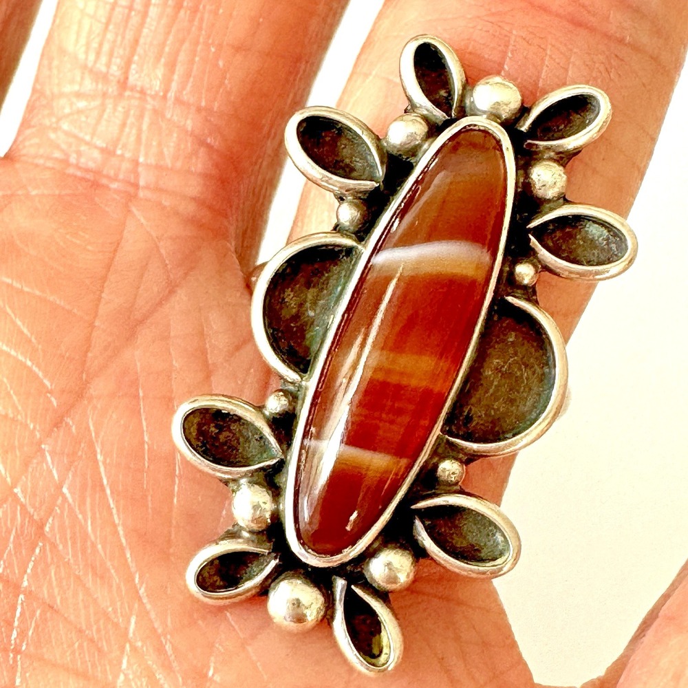 VTG Navajo‎ Petrified Wood Agate Marquis Ring Signed JJ Sterling 1960s Flower